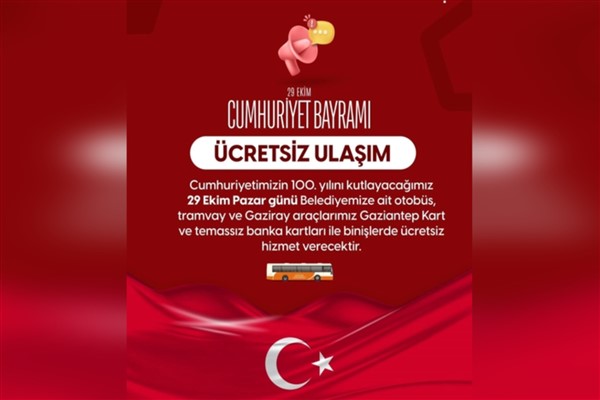 Gaziantep’te ulaşım Cumhuriyet Bayramı’nda ücretsiz