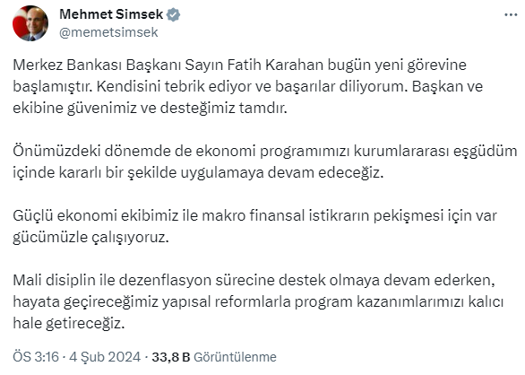 Şimşek'ten Merkez Bankası Başkanı Karahan'ın göreve başlamasıyla ilgili ilk açıklama