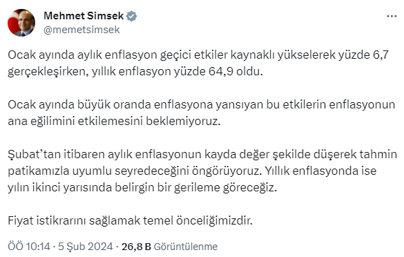 Mehmet Şimşek'ten ocak ayı enflasyon verileri için ilk yorum: Şubattan itibaren kayda değer şekilde düşecek