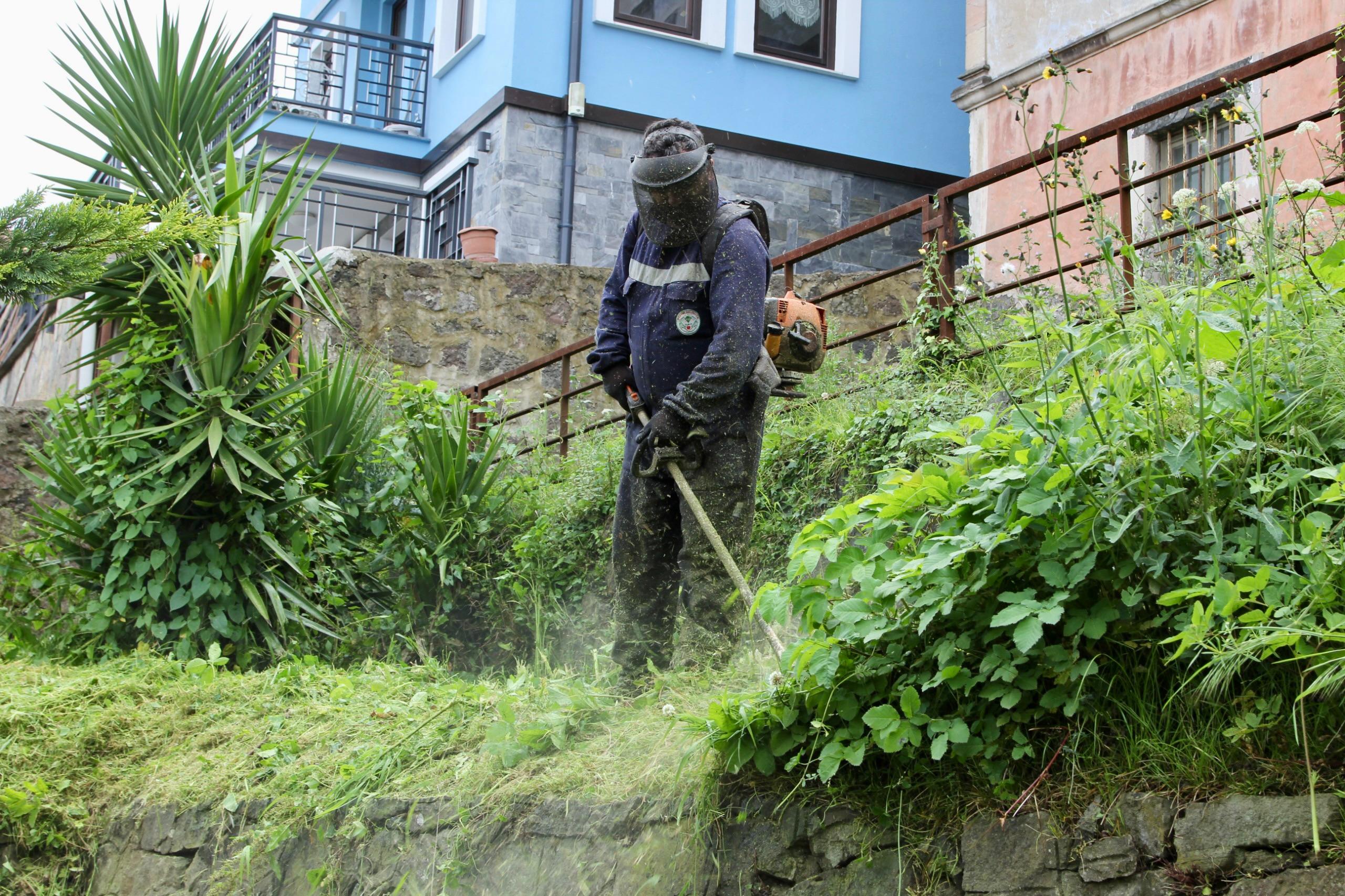 Giresun Belediye ekipleri okul bahçelerinde ot biçme çalışması yaptı
